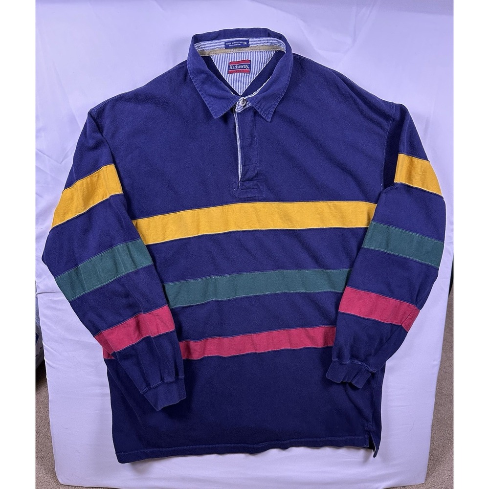 Vintage 90s Hathaway Sport Rugby Shirt 2XL Long Sleeve Yellow Green Red Striped